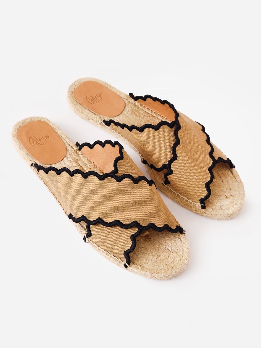 Castaner Piula Tan Espadrille Slide Sandals with Black Scallop Trim Size 37